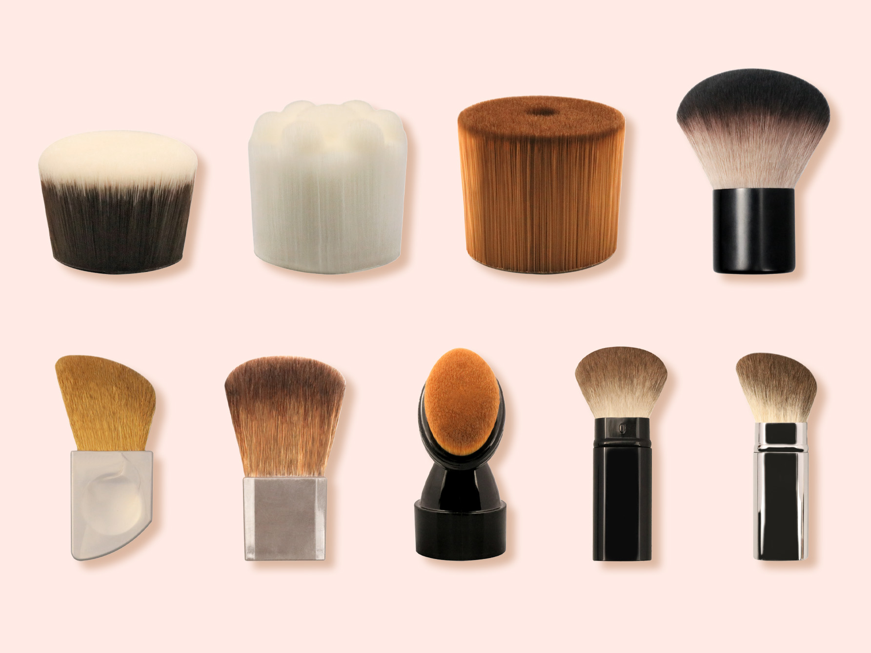 A selection of makeup brush head shapes, fibers and finishes