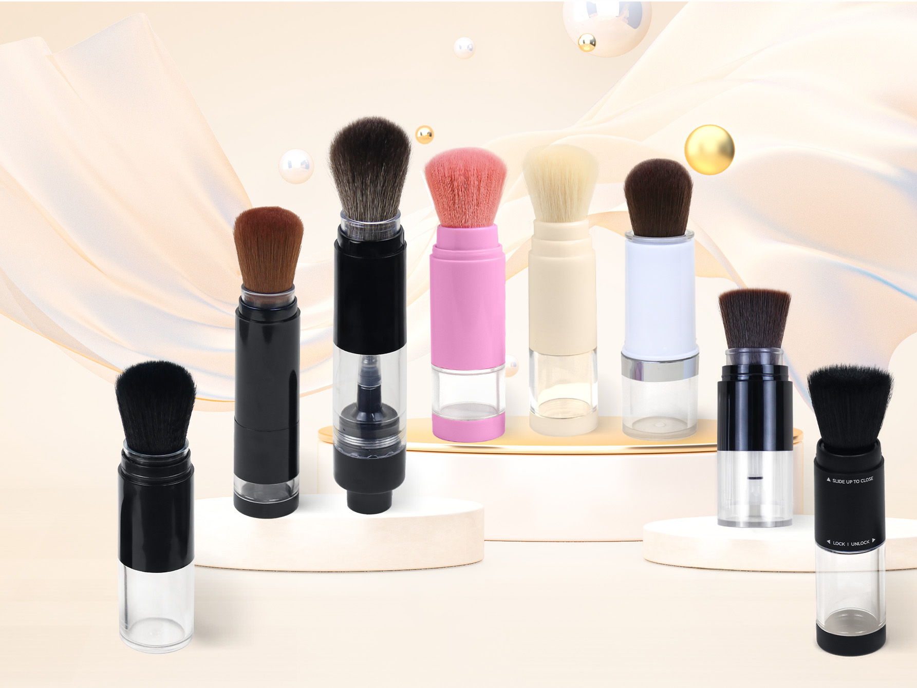 Refillable powder brushes in multiple portable designs